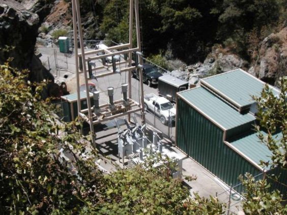 Aerial view of a run-of-river hydroelectric powerhouse in Northern California.